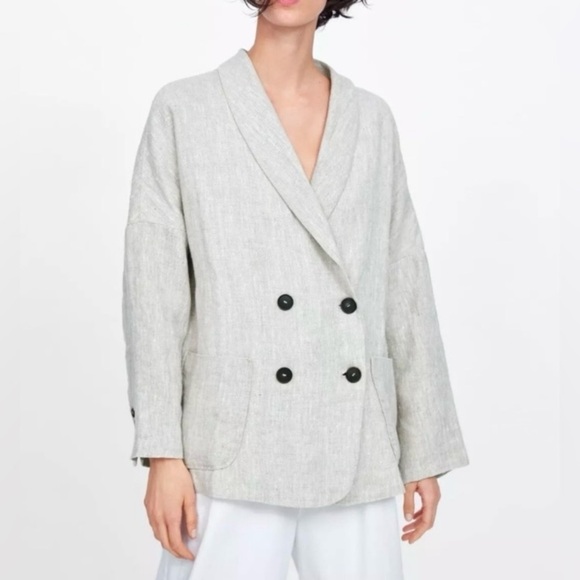 Zara Oversized Lagenlook Double Breasted Linen Blazer Jacket Oatmeal Size XS - Picture 1 of 16